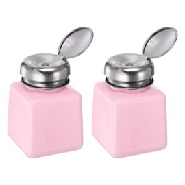 HARFINGTON 2pcs Solvent Alcohol Dispensers 100ml(3.4oz) Push Down Liquid Dispenser Pump Bottle with Sealing Stainless Steel Lid for Acetone Cleanser Polish Remover, Pink