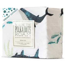 Where The Polka Dots Roam Nautical Ocean Queen Bedding Set - 4 Piece Super Soft Kids Bed Set with Fitted Sheet, Flat Sheet, and Pillowcases - Underwater Sea Creatures Design for Boys Girls Room Décor