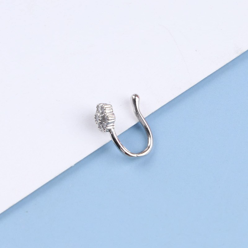 Zeshimb Crystal Flower Nose Ring Silver Fake Septum Nose Rings