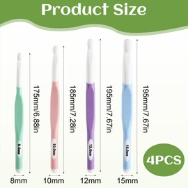 Large Crochet Hook Set with Rubber Handle, 8 mm, 10 mm, 12 mm, 15 mm, Ergonomic Plastic Crochet Hooks, Ideal for Beginners, Children, Perfect for Sweaters, Scarves, Carpets, DIY