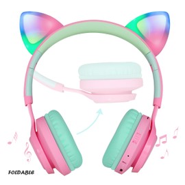 Riwbox CT-7 Cat Ear Bluetooth Headphones, LED Light Up Bluetooth Wireless Over Ear Headphones with Microphone and Volume Control for Travel/School/Smartphones/Laptop/PC/TV (Pink&Green)