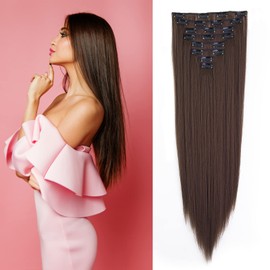 Gairyan Clip-In Hair Extensions Clips 8-Piece Set Synthetic Hairpiece Clip On Hair Extensions Clips 60 cm Straight Long Synthetic Hair for Girls (Light Brown)