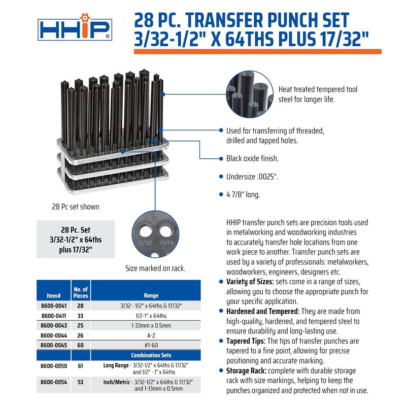 HHIP 8600-0041 28-Piece Transfer Punch Set – 3/32" to 1/2"