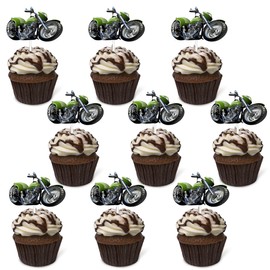 Green Dessert Cupcake Topper Motorcycle Rider Racing Sport Theme Decor Supplies Boy Man Happy Birthday Party Decorations 18pcs (Green)