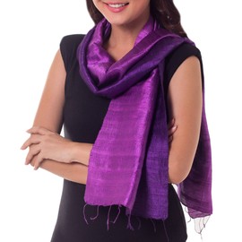 NOVICA Artisan Handmade Silk Scarf Purple from Thailand Accessories Scarves Pink Solid ' Violet Duality'