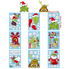 G-rinch Christmas Window Stickers, 9 Sheets Reusable Christmas Window Decals, Christmas Window Decorations for Office Home School Party Supplies