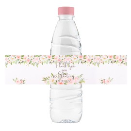 URROMA 50Pcs Floral Wedding Water Bottle Labels Pink Flowers Pattern Stickers Drinks Wrappers for Bridal Shower Party Ceremony Favors Decor Supplies