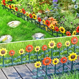 Sungmor Plastic Edgings Garden Picket Fence - Grass Lawn Flowerbeds Plant Borders - Decorative Sunflower Landscape Path Panels - Pack of 4 (Overall Length 98 Inches) - Lightweight & Easy Installation