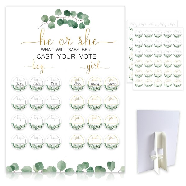 Greenery Baby Gender Reveal Board with Stand(12x17), 60 Eucalyptus Leaf Boy Girl Voting Stickers,He or She, Cast Your Vote Game, Sage Green Neutral Gender Reveal Party Centerpiece Decorations
