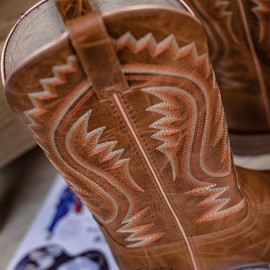 Palitutu Cowboy Boots For Men Full Cowhide Leather Western Retro Boot with Wide Square Toe Durable Classic Embroidered Pull On Slip Resistant Boot SC-103605BR-8.5