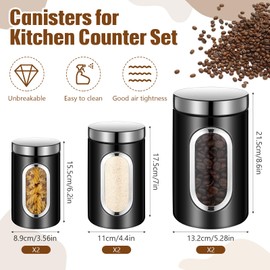 Maxdot 6 Pcs Black Canisters Set for Kitchen Counter Coffee Jars with See Through Window Kitchen Jars Sugar Container Fingerprint Resistance Kitchen Canisters Set(Black)