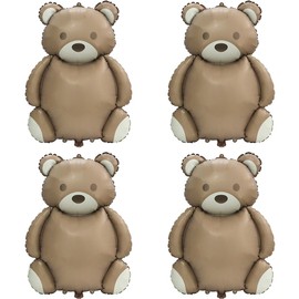 4D 35'' Big Brown Bear Balloons Cartoon Teddy Bear Party Supplies, 4 Pack Matte Bear Helium Mylar Foil Balloons For Jungle Woodland Animal Farm Safari Zoo Themed Party Decoration Home Decor