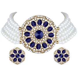 Aheli Kundan Pearl Choker Multi Layered Collar de cuentas Pendientes Set Joyería de boda tradicional india para mujeres niñas (azul blanco)