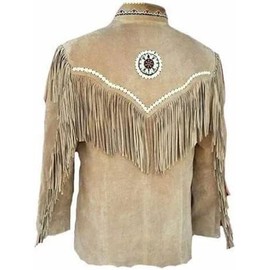 Quality Supply Mens Traditional Western 100% Genuine Suede Leather Jacket | Native American Cowboy Fashion coat with Bones Beads & Fringes (as1, alpha, x_s, regular, regular, Dark Brown)