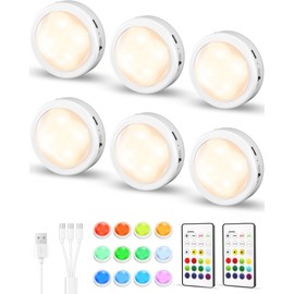 EZVALO 6-Pack Rechargeable Puck Lights with Remote, Mini Under Cabinet Lighting, 2.95'' Tap Lights, 16 RGB Colors & 3 White Color Temps, Dimmable Stick-On Closet Lights for Kitchen, Shelf