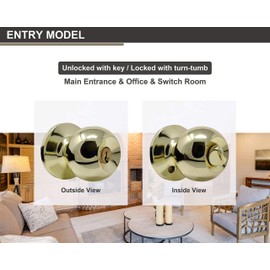 RS Entry Door knob with Lock, One Key-Way Entrance Door Knob Entry with Key Handle, Standard Ball (Entry with Key, Polished Brass)