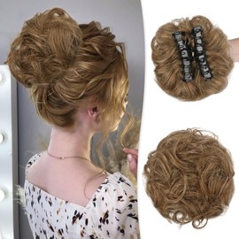 RUWISS Claw Clip Messy Bun Hair Piece Real Human Hair Buns Wavy Curly Chignon Hair Bun Extensions Tousled Updo Hair Buns Claw Clip Ponytail Hair Pieces for Women（Medium Brown With Bleach Blonde）