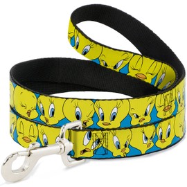 Buckle-Down Pet Leash - Tweety Bird CLOSE-UP Expressions Baby Blue - 4 Feet Long - 1" Wide