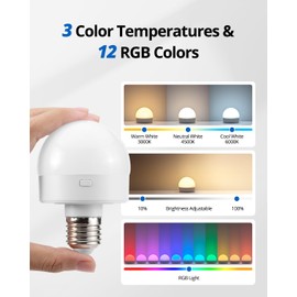 E26 Rechargeable Light Bulb with Remote, Battery Operated Backup Bulb for Sconces & Lamps, Magnetic Detachable, Wireless Puck Light Bulbs for Non-Hardwired, Dimmer＆Timer, 3 Color, 12 RGB, 2 Pack