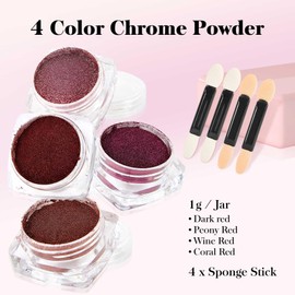 Chrome Nail Powder, 4 Colors Red Series Nail Chrome Powder - Mirror Effect Metallic Glitter Powder Kit for Nail Art Decoration, Resin Craft etc. (1g/Jar)