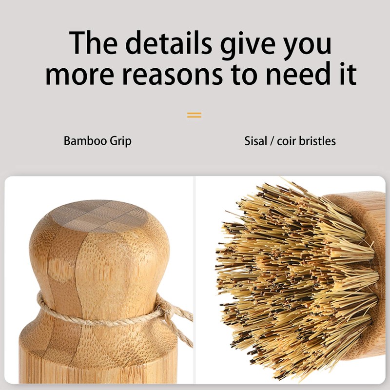 Natural Sisal Dish Washing Brush Bamboo Round Scrub Brush Pots