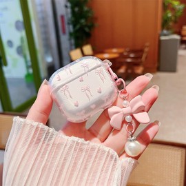 MINSCOSE Compatible with AirPods 4 Clear Case,Cute Bow Ribbon Heart Pretty Aesthetic Design with Bow Pearl Keychain,Soft TPU Protective Shockproof Case for Women Girl for Airpod 4-Pink