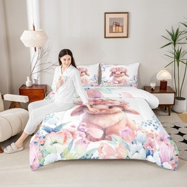 Feelyou Cute Rabbit Comforter Set Full Size Kids Cartoon Bunny Animal Comforter for Boys Girls Teens Flower Floral Print Bedding Set Farm Zoo Garden Theme Duvet Set Room Decor