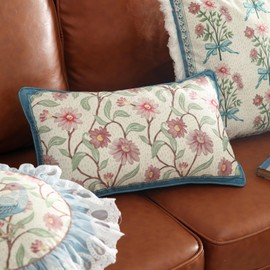 patdrea Designer Rectangle French Country Velvet Throw Pillow Cover 12x20 inches,Elegant Blue Pink Floral Pattern,Decorative Lumbar Pillowcases Cushion for Bed Living Room Outdoor