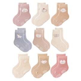 VWU Baby Toddler Socks with Grips Kids Girl Boy Crew Ankle Socks Cotton Anti Slip 0-6T 6/9 Pack (US, Age, 2 Years, 4 Years, Girls 9 Pack)