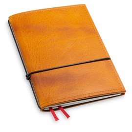 X17 -A6 notebook/personal organiser | 9 mm thin | brown "cognac", made of leather. Refillable. Notepad (squared 2.5 mm) with double pocket, made in Germany.