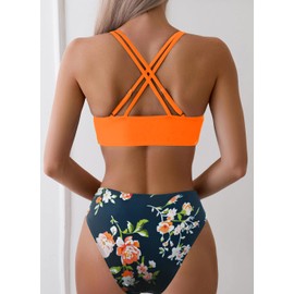 Tainehs Women's Push Up V Neck Bikini Sets Criss Cross Back Two Piece Bathing Suit Orange Floral
