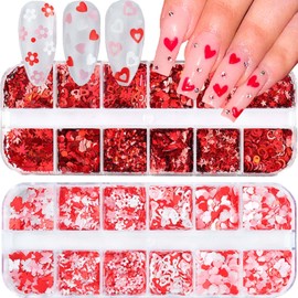 24Grid Heart Nail Art Glitter Valentine's Day Nail Art Flakes Sequins Red Nail Glitter Flower Butterfly Design Nail Art Supplies for Women Heart Glitter Nail Decoration DIY Manicure 2 Box