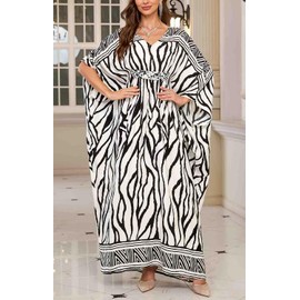 Orshoy Women's Kaftan Beach Dress Long Bikini Cover Up Maxi Cover Up Dress Loungewear Kimono Tunic Summer Dress Robe Maxi Dress, black white, One size fits all