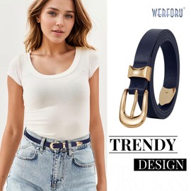 WERFORU Women Leather Belt Fashion Ladies Skinny Belt Gold Buckle Thin Waist Belt for Jeans Dress Navy