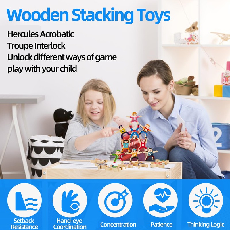 moopok Wooden Stacking Toys,16Pcs Circus Hercules Acrobatic Troupe Interlock Toy,Balancing