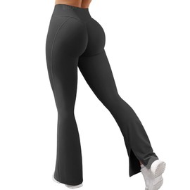 VOYJOY Womens Split Hem Legging Workout High Waist Mini Flared Leggings Casual Workout Gym Yoga Pants Black