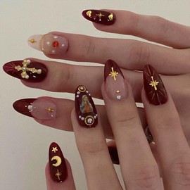 Buy 10 Get 10 Free! [Machine-Made] 24pcs Press-On Nails with Rhinestones & Flowers – French Style Glue-On Nails for Women & Girls:_053