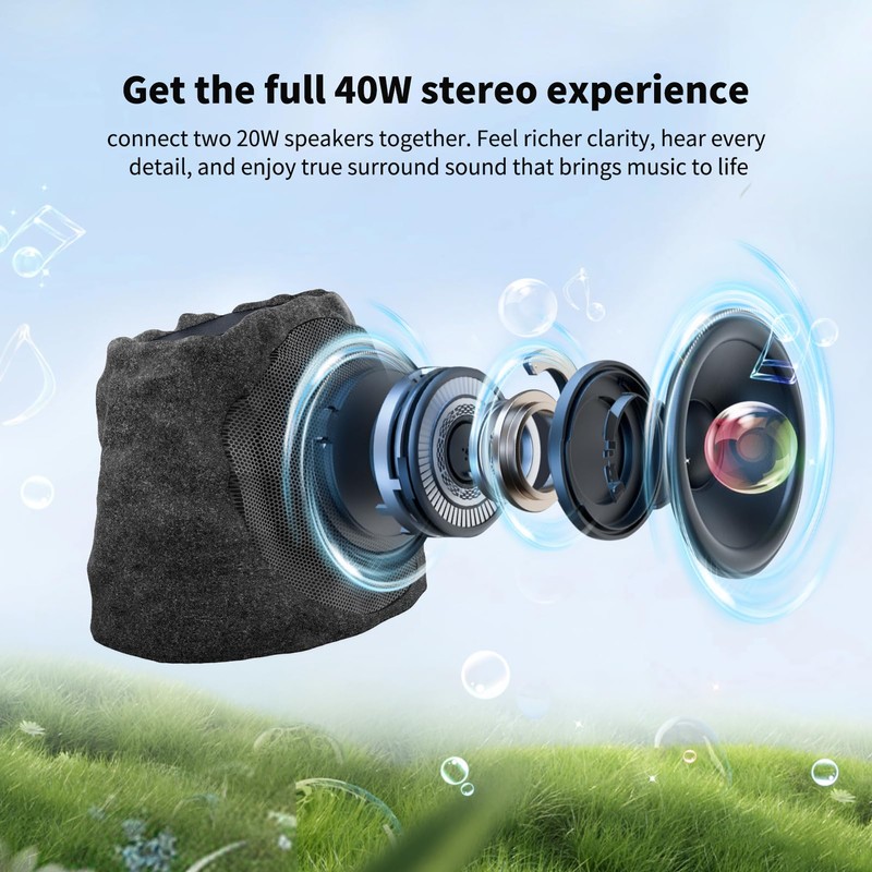Outdoor Speakers Solar Powered & USB-C Rechargeable, Rock Speakers TWS