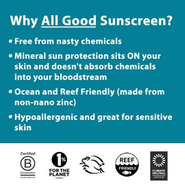 All Good Sunscreen - Zinc Oxide Sunscreen - Travel Size SPF 50+, Water Resistant for Face, Nose, Ears 1 oz (2-pack)