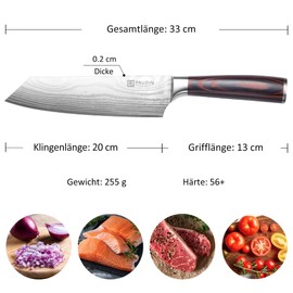 PAUDIN Santokumesser 20 cm, Japanisches Kochmesser Kiritsuke, Scharfes Küchenmesser aus Hochkohlenstoff Edelstahl, Ergonomischer Griff, Perfekt für Fleisch, Fisch & Gemüse