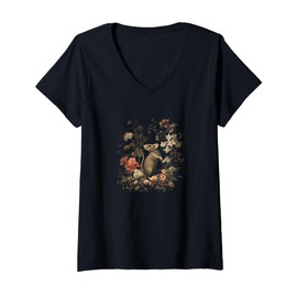 Womens Elegant Mouse And Vintage Flowers Design V-Neck T-Shirt