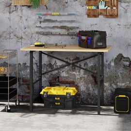 HOMCOM 46" L x 28" W Solid Wood Work Bench, Tool Table for Garage with X-Shape Bracket for High Stability, and Large Tabletop, Natural Wood