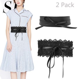 Jurxy 2 Pieces Women's Lace Wide Belt Leather Bowknot Waist Band Dress Waist Belt, black