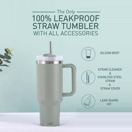 FLASC - Vaso de 40 onzas con asa y pajita, vaso aislado 100% a prueba de fugas con tapa y pajita, incluye todos los accesorios: pajita de acero inoxidable, bota de silicona, cubierta de paja y