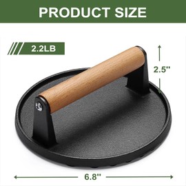 YUNYDSM Cast Iron Press, 6.8'' Round Heavy-Duty Cast Iron Smash Burger Press, with Non-Slip Wooden Handle, Grill Weight for Griddle, Sandwich, Nonstick Pan