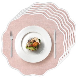 ElasignShopo Set of 6 Scallop Linen Placemats, 15 Inch White and Pink Round Placemats Cotton Linen Table Mats Handcrafted Machine Washable Wrinkle Free Dining Placemat for Hotel Restaurant Kitchen