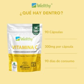 Wellthy Vitamina C 90 Cápsulas. 300mg, Solo 1 Cápsula al día, VCaps Capsulas Veganas, Bottle Free. Hecho en Planta Certificada.