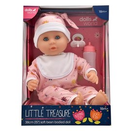 DOLLSWORLD from Peterkin | Little Treasure Doll 78320 | 38cm (15") baby doll with bean filled bum, sleeping eyes, deluxe romper, hat, bottle and dummy | Dolls & Accessories | Ages 18m+