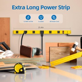 TiFFCOFiO Metal Power Strip, 6 Widely Space Outlets, Wall Mountable Power Strip Surge Protector, 6 FT Extension Cord,15A/1875W, ETL Listed