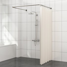 U Shaped Shower Curtain Rod, Adjustable Corner Shower Curtain Rod for Bathroom, Clothing Store, Stainless Steel with 12 Ring Hooks & Ceiling Support [Both Sides: 23.6"-52", Middle: 31"-46.7"] (Silver)